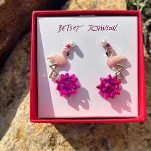 Betsey Johnson Santa Hat Pink Flamingo and Bow Earrings